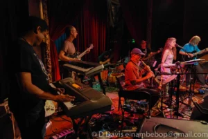 Thinking Plague, Seaprog 2013, Columbia City Theater Main Stage, 30 June, 2013. L-R: Kimara Sajn, Bill Pohl, Robin Chestnut, Mark Harris, Dave Willey, Elaine Di Falco, Mike Johnson